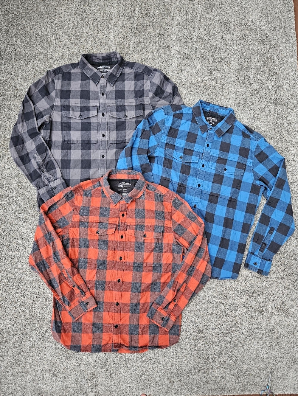 LOT 3 REI Wallace Lake Flannel Shirts Orange Black Blue Plaid Mens Size Large
